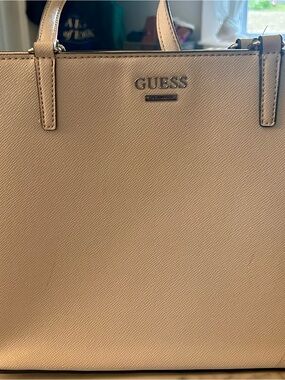 GUESS Cream Saffiano Leather Tote with Silver Logo